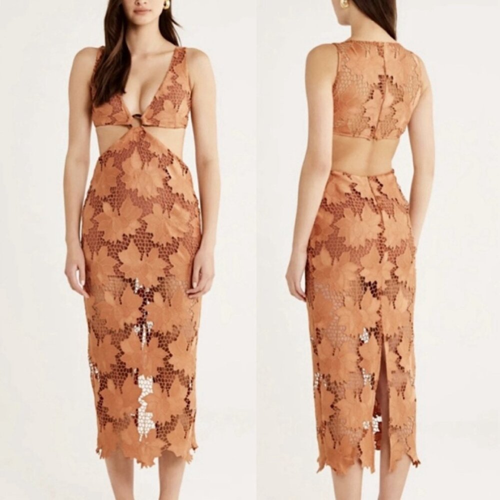 Cutout Midi Dress in Cognac Lace